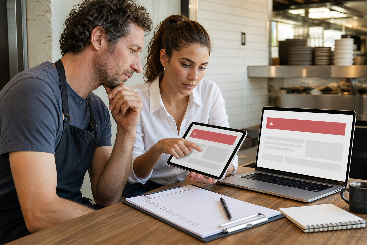 Restaurant operator and web editor reviewing a brand-neutral recall notice layout