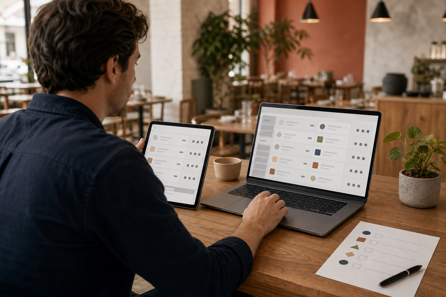 Restaurant operator comparing abstract menu price layouts across an unbranded laptop and tablet